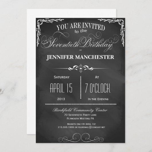 第70誕生日チャルクボードタイポグラフィパーティー招待状 招待状 (正面/裏面)