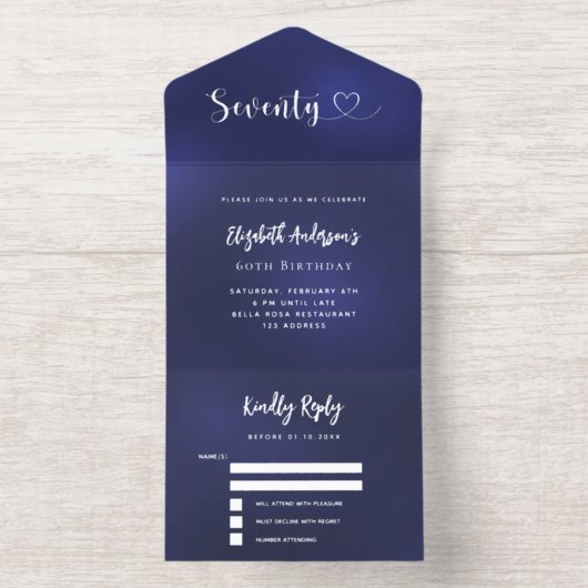 第70誕生日ネイビーブルーシルバーrsvp オールインワン招待状 (内側)