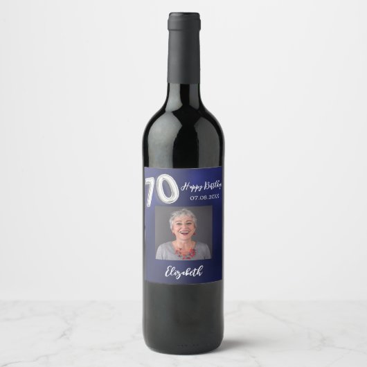 第70誕生日ネイビー青い写真 ワインラベル (正面)