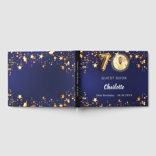 第70誕生日ネイビー青金ゴールド星写真 ゲストブック (全面)