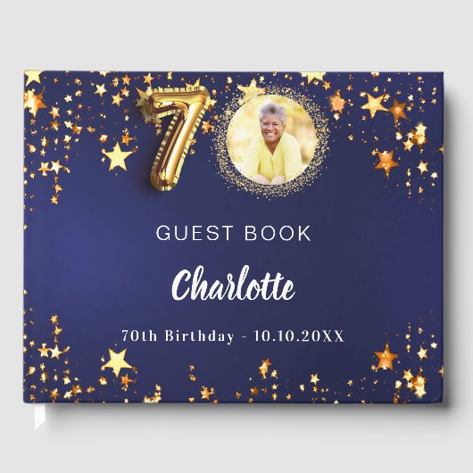 第70誕生日ネイビー青金ゴールド星写真 ゲストブック (正面)