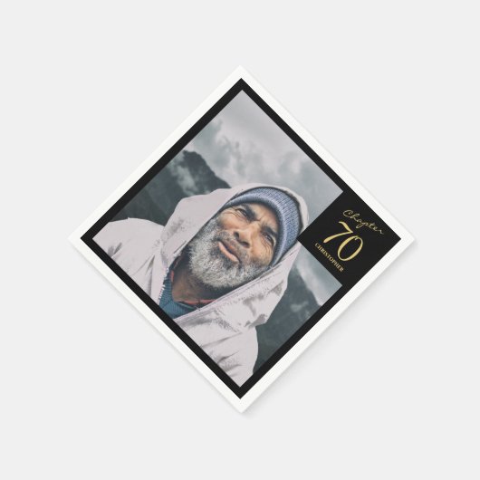 第70誕生日ブラック金ゴールド第70章写真 スタンダードカクテルナプキン (角)