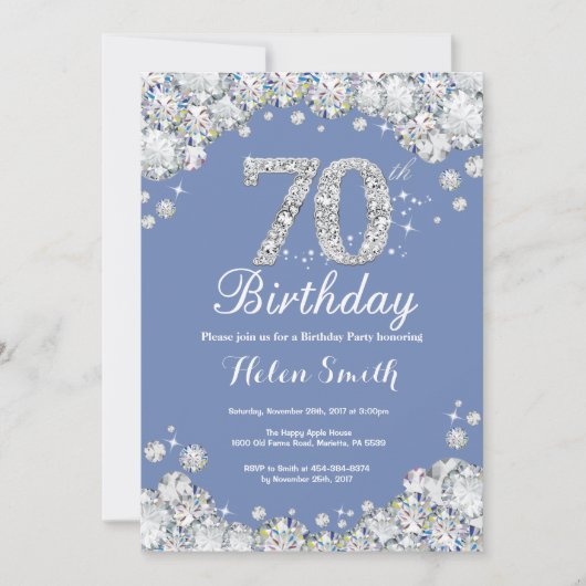 第70誕生日ブルーアンドシルバーダイヤモンド 招待状 (正面)
