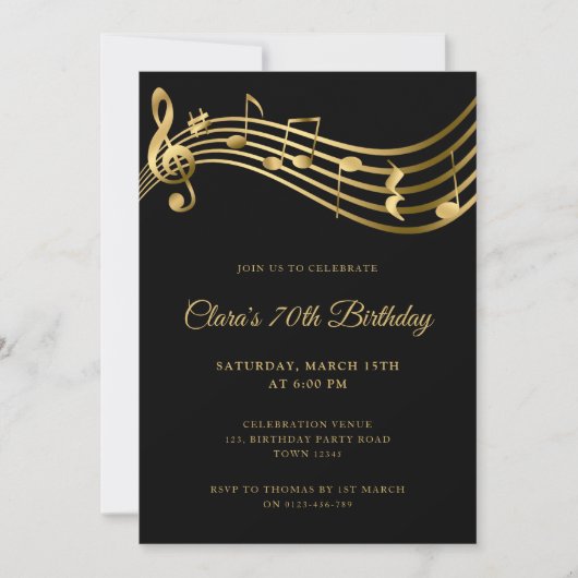 第70誕生日ミュージックノートエレガント金ゴールド 招待状 (正面)