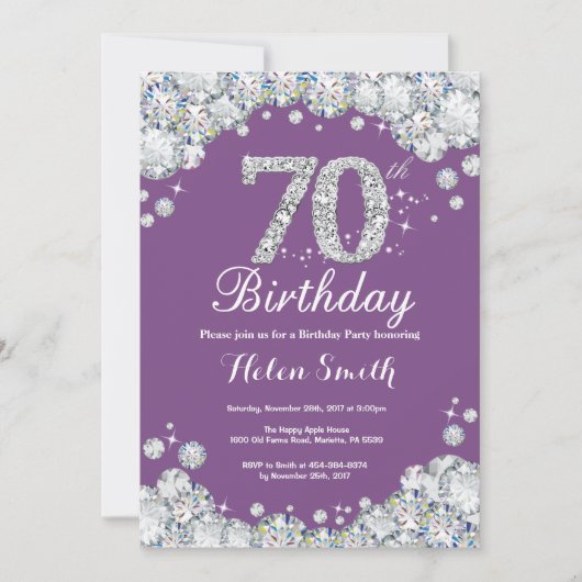 第70誕生日招待状パープルアンドシルバーダイヤモンド 招待状 (正面)