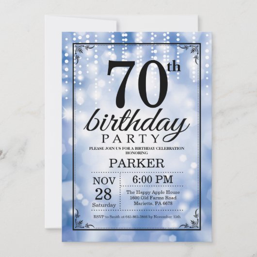 第70誕生日招待状ブルーグリッター 招待状 (正面)