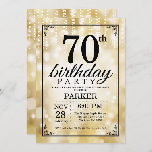 第70誕生日招待状金ゴールドグリッター 招待状 (正面/裏面)