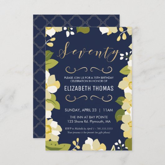 第70誕生日招待状、フローラ、金ゴールド 招待状 (正面/裏面)