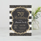 第70誕生日招待状。黒と金ゴールドグリッター 招待状 (スタンド正面)
