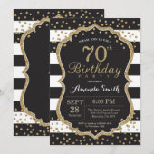 第70誕生日招待状。黒と金ゴールドグリッター 招待状 (正面/裏面)