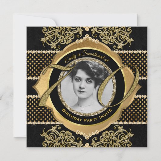 第70誕生日第70金ゴールドダイヤモンドフォトフレーム 招待状 (正面)