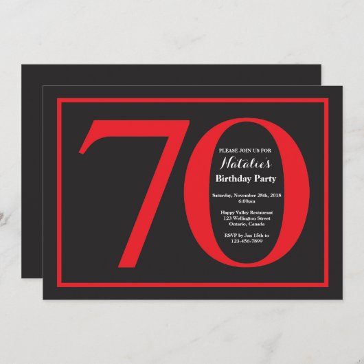 第70誕生日赤と黒の黒の黒板 招待状 (正面/裏面)