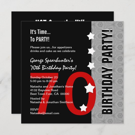 第70誕生日赤モダン色銀色Dおもしろい845E 招待状 (正面/裏面)
