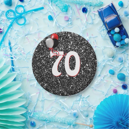 第70誕生日風船オン黒グリッター ペーパープレート (パーティー)
