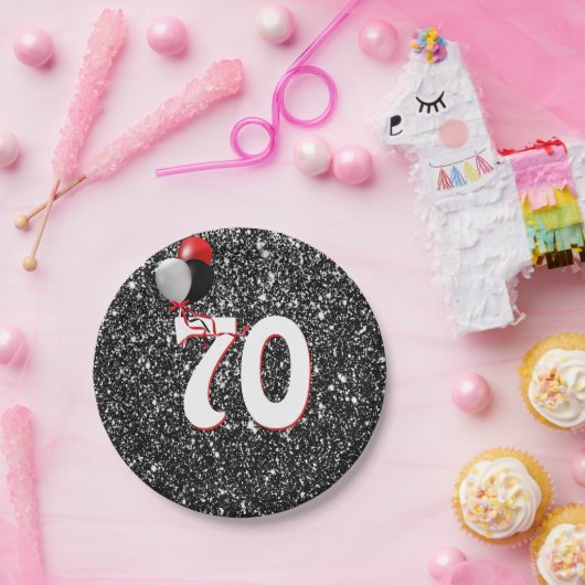 第70誕生日風船オン黒グリッター ペーパープレート (パーティー)