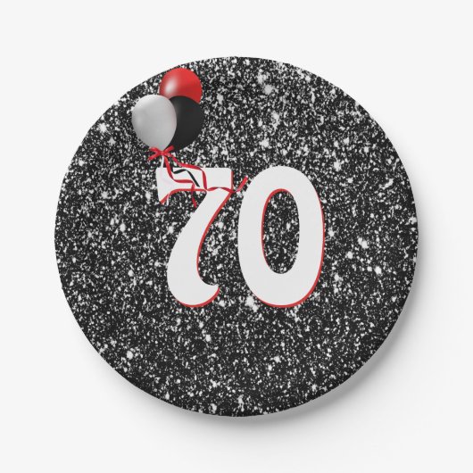 第70誕生日風船オン黒グリッター ペーパープレート (正面)