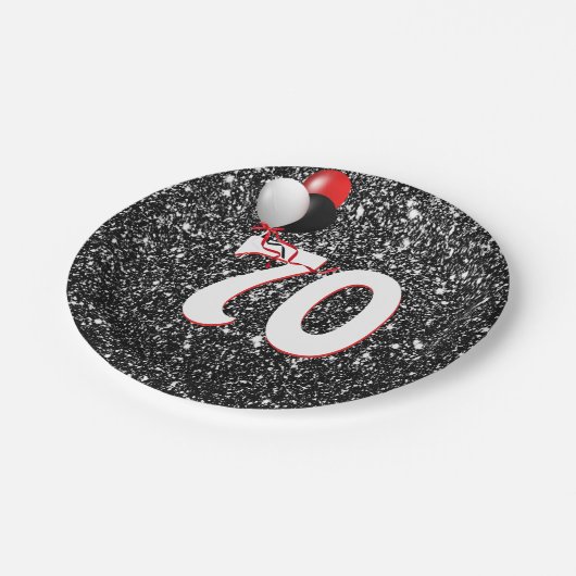 第70誕生日風船オン黒グリッター ペーパープレート (アングル)