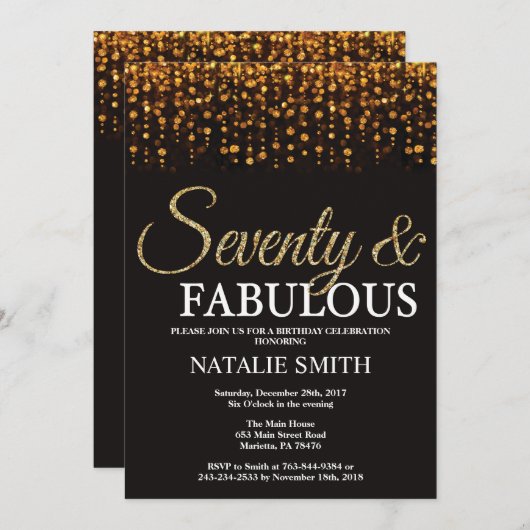 第70誕生日70およびすばらしい金ゴールドのグリッター 招待状 (正面/裏面)