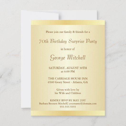 第70誕生日·サプライズ·パーティの招待状-金ゴールド 招待状 (裏面)