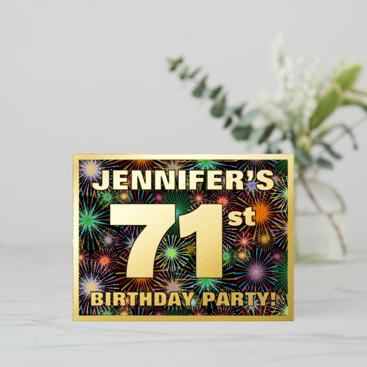 第71回バースデーはっきりしたタパーティーカラフル, Fireworks Look 箔招待状ポストカード (立ち正面)