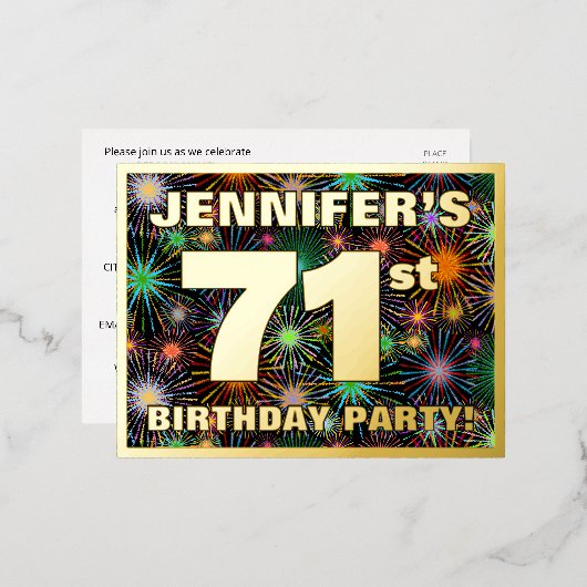 第71回バースデーはっきりしたタパーティーカラフル, Fireworks Look 箔招待状ポストカード (正面/裏面)
