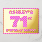 第71回バースデーはっきりしたタ・パーティ:おもしろい、ピンクストライプ・ 箔招待状 (正面)