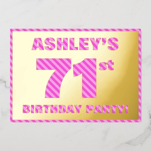 第71回バースデーはっきりしたタ・パーティ:おもしろい、ピンクストライプ・ 箔招待状 (正面)