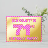 第71回バースデーはっきりしたタ・パーティ:おもしろい、ピンクストライプ・ 箔招待状 (立ち正面)