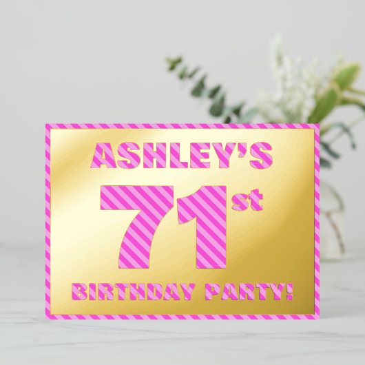 第71回バースデーはっきりしたタ・パーティ：おもしろい、ピンクストライプ・ 箔招待状 (立ち正面)