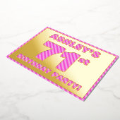 第71回バースデーはっきりしたタ・パーティ：おもしろい、ピンクストライプ・ 箔招待状 (回転した状態)