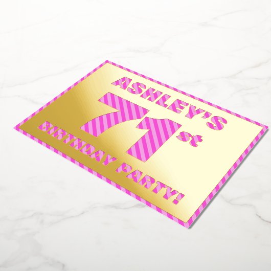 第71回バースデーはっきりしたタ・パーティ：おもしろい、ピンクストライプ・ 箔招待状 (回転した状態)