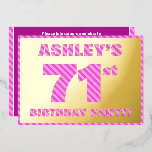 第71回バースデーはっきりしたタ・パーティ:おもしろい、ピンクストライプ・ 箔招待状 (正面/裏面)