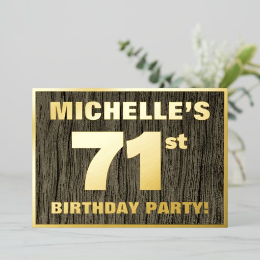 第71回バースデーパーティはっきりしたーフェイク：木目の模様 箔招待状 (立ち正面)