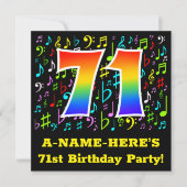 第71回バースデーパーティー:おもしろいミュージックシンボルRainbow 71 招待状 (正面)