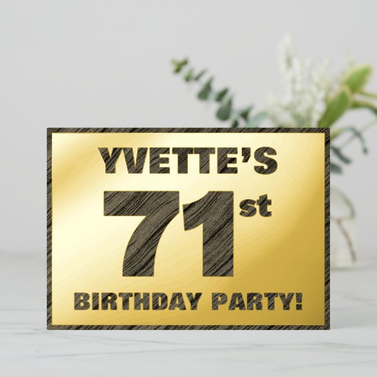 第71回バースデーパーティー – はっきりした、ウッドグフェイクレイン文字 箔招待状 (立ち正面)