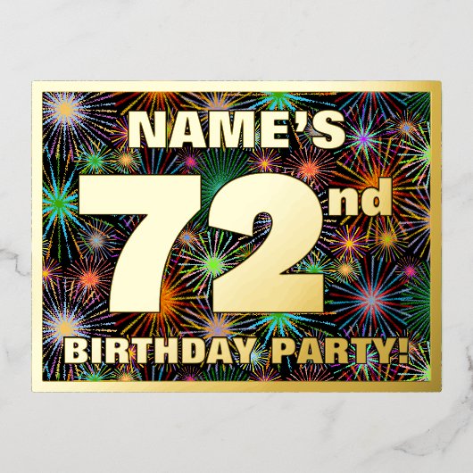 第72回バースデーはっきりしたタパーティーカラフル, Fireworks Look 箔招待状ポストカード (正面)