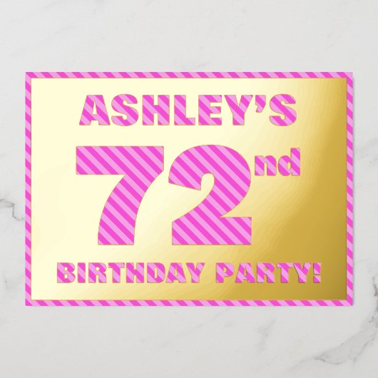 第72回バースデーはっきりしたタ・パーティ:おもしろい、ピンクストライプ・ 箔招待状 (正面)