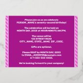 第72回バースデーはっきりしたタ・パーティ:おもしろい、ピンクストライプ・ 箔招待状 (裏面)