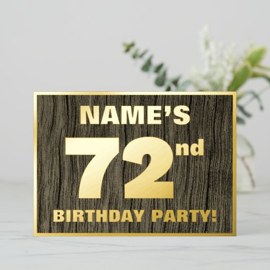 第72回バースデーパーティーはっきりした:,木目フェイク模様 箔招待状 (立ち正面)