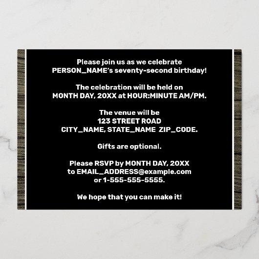 第72回バースデーパーティーはっきりした:,木目フェイク模様 箔招待状 (裏面)