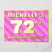 第72回バースデーパーティー – おもしろいピンクのハートとストライプ 箔招待状 (正面)