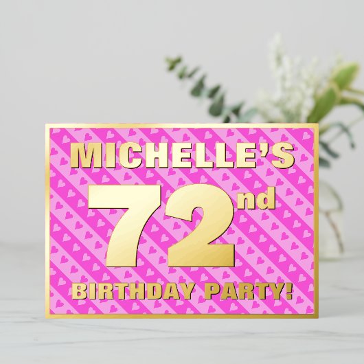 第72回バースデーパーティー – おもしろいピンクのハートとストライプ 箔招待状 (立ち正面)
