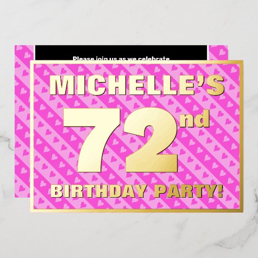 第72回バースデーパーティー – おもしろいピンクのハートとストライプ 箔招待状 (正面/裏面)
