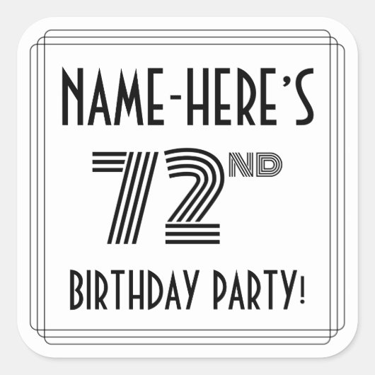 第72回バースデーパーティー:アールデコスタイル+名前をカスタムする スクエアシール (正面)