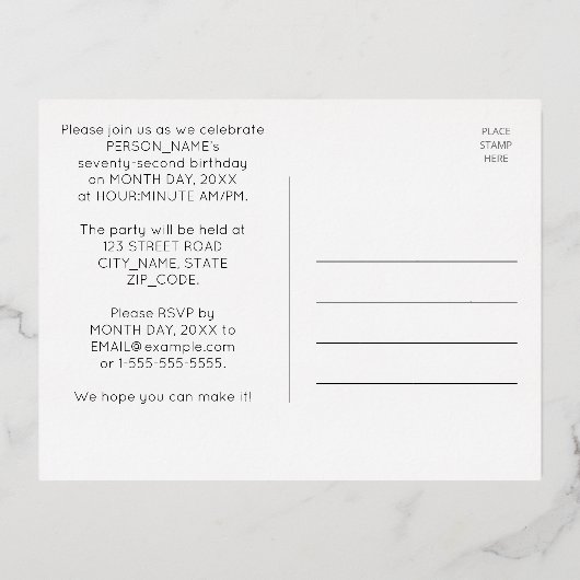 第72回バースデーパーティー~アールデコスタイル「72」 +名前 箔招待状ポストカード (裏面)