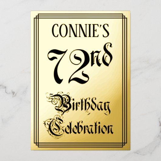 第72回バースデーパーティー – エレガント脚本+名前をカスタムする 箔招待状 (正面)