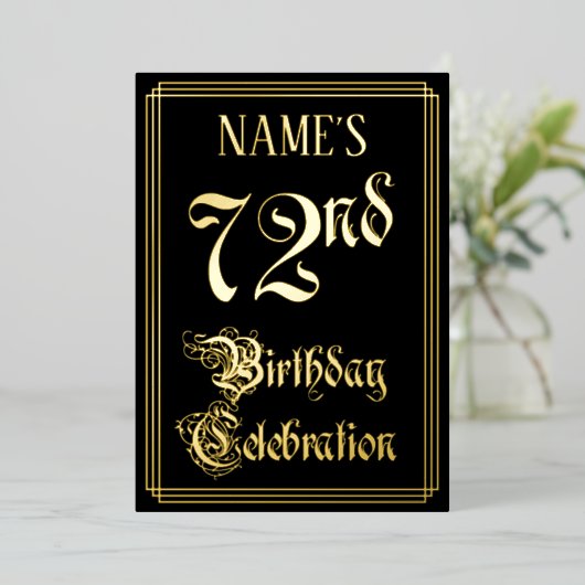 第72回バースデーパーティー – ファンシー脚本と名前をカスタムする 箔招待状 (立ち正面)