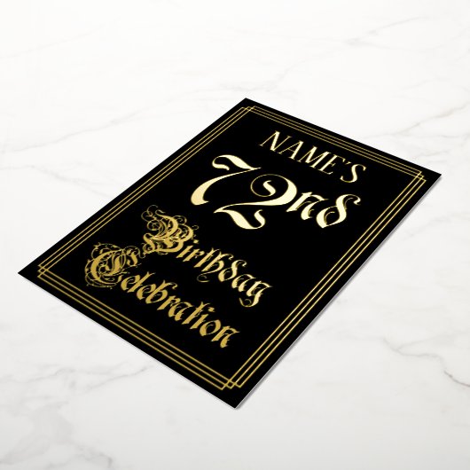 第72回バースデーパーティー – ファンシー脚本と名前をカスタムする 箔招待状 (回転した状態)