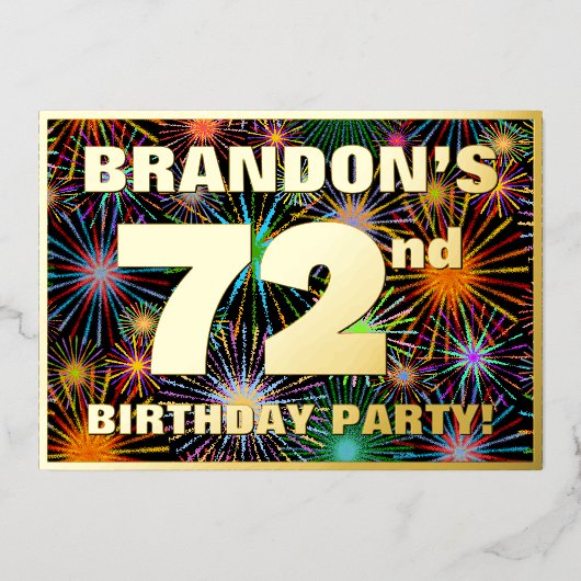 第72回誕生日パーティー – おもしろいカラフル、Fireworks Look 箔招待状 (正面)