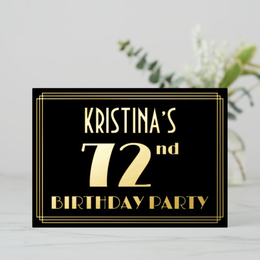 第72回誕生日パーティー:アールデコを見る"72",名前あり 箔招待状 (立ち正面)